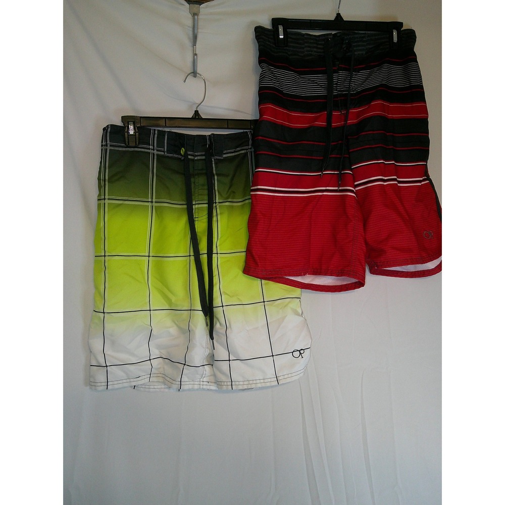 Lot of 2 Mens Ocean Pacific Swim Trunks Shorts S 28-30 Green‎ Red Striped Board